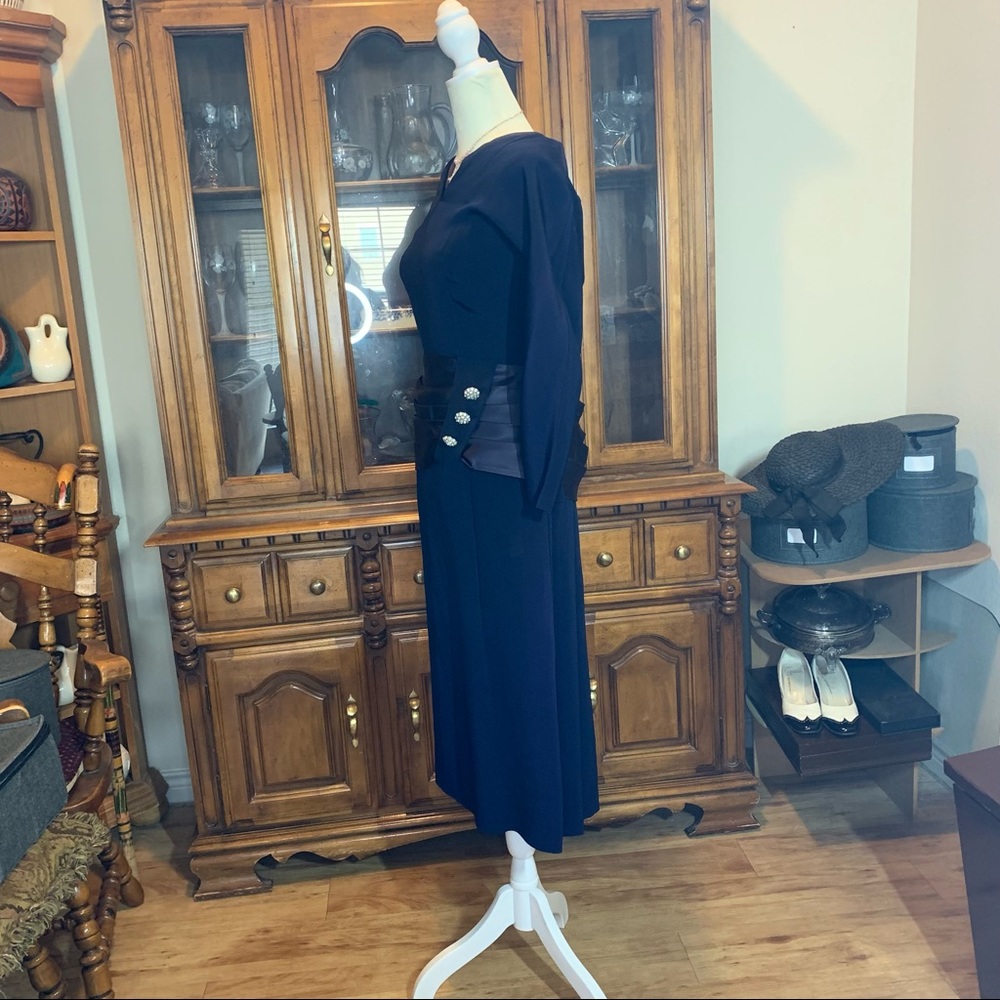 1950s Blue Crape Dress with Satin/rhinestone, Sz M - Picture 2 of 13
